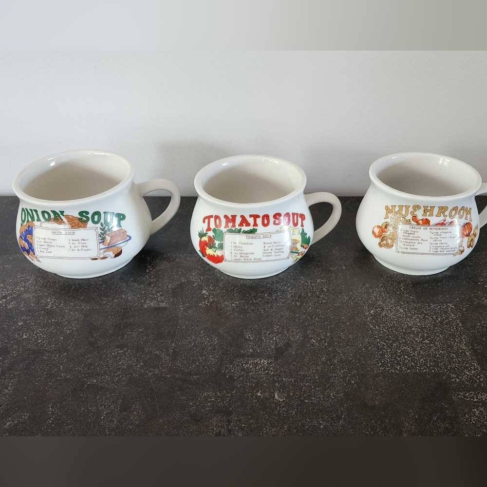 Vintage Soup Mugs Set - Tomato, Mushroom, Onion